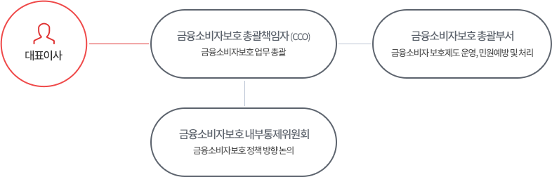 대표이사 - 금융소비자보호, 총괄책임자(CCO)(금융소비자보호 업무 총괄) - 금융소비자보호 협의회(금융소비자보호 정책 방향 논의) - 금융소비자보호 총괄부서(금융소비자 보호제도 운영, 민원예방 및 처리)